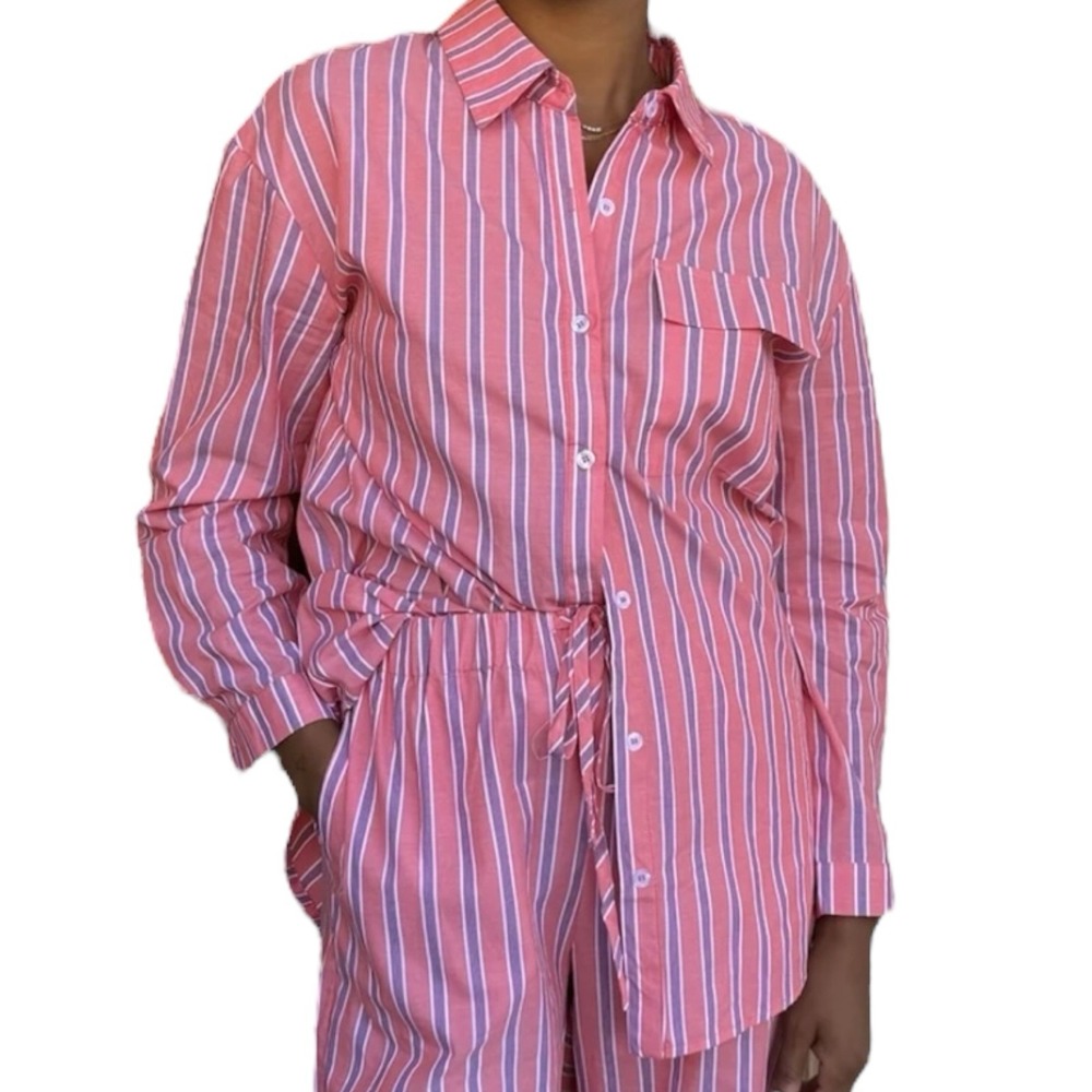 Isalis Pink Purple Striped Button Down Shirt Cotton Long Sleeve Small NYC NWT